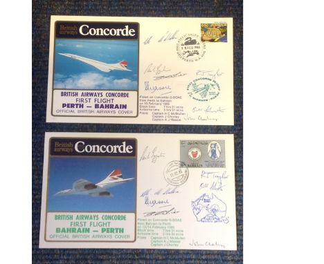 BA First Flight Concorde multiple signed covers Bahrain Perth, Perth Bahrain 1985, both signed by 4 crew members, Flown on BO