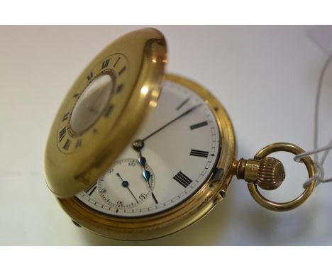 An 18ct gold gentleman's half hunter pocket watch, hallmarked for London 1916, the case with enamelled Roman numerals enclosi