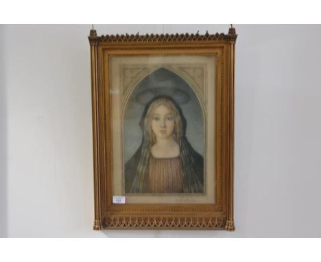 Samuel Arlent Edwards after Botticelli, Madonna, mezzotint, signed in pencil, in a Gothic Revival frame. Frame overall 62cm b