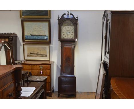 An early 19th century Scottish string-inlaid mahogany longcase clock, the arched painted dial signed Penrith, Falkirk, painte