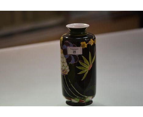 Richard Amour for Bough Pottery a vase painted with flowers in the Japanese taste against a black ground, painted marks, RA, 