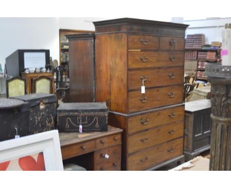 A George III mahogany chest on chest, the upper section with moulded cornice  above two short and three long drawers (veneer 