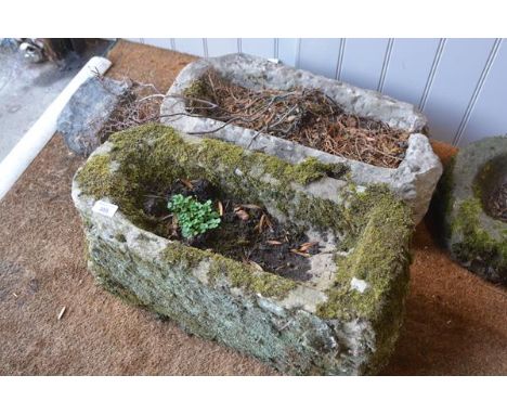 Two weathered sandstone rectangular garden trough planters. (2) Larger 26cm by 55cm by 26cm