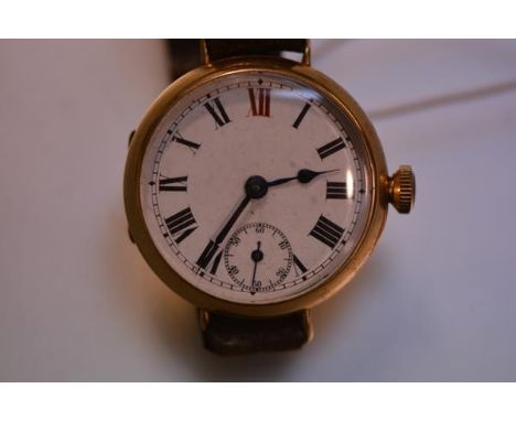 An early 18ct gold gentleman's Rolex wristwatch, the circular white enamel dial with Roman numerals and subsidiary seconds di