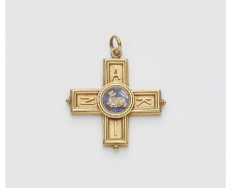 Historisierender Kreuzanhänger mit Mikromosaik18 kt Gelbgold. Profilierte griechische Kreuzform, die Arme mit einzelnen griec