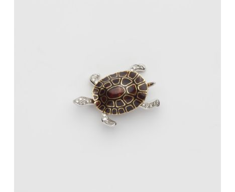 Kleine Schildkröten-Brosche18 kt Gelbgold. Fein staffiert mit braunem Transluzidemail und gefasst mit kleinen Achtkantdiamant