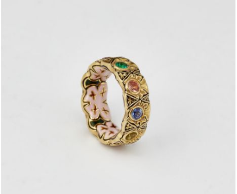 Goldemail-Ring "Jammu Orchid"21 kt Gelbgold. Nr. 8. Unikat, Sonderanfertigung. Geschmiedete Bandringschiene mit fein ziselier