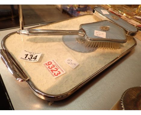 Vintage 1950s dressing table tray in chrome and blue with matching cloths and hair brush 