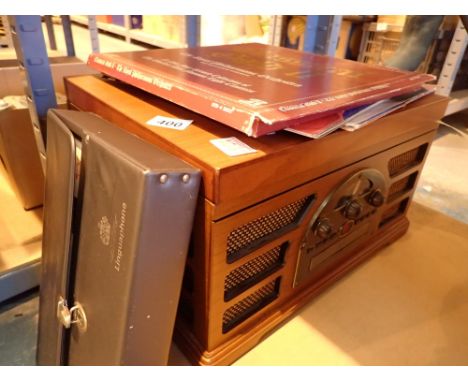 CD player and turntable in the form of a vintage record player with records and a French linguaphone set CONDITION REPORT: Al