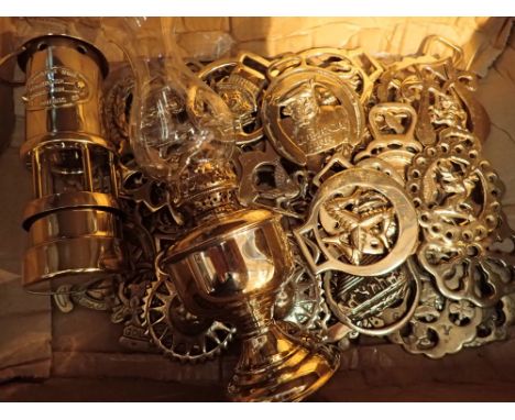 Oil lamp and miners lamp with 46 horse brasses 
