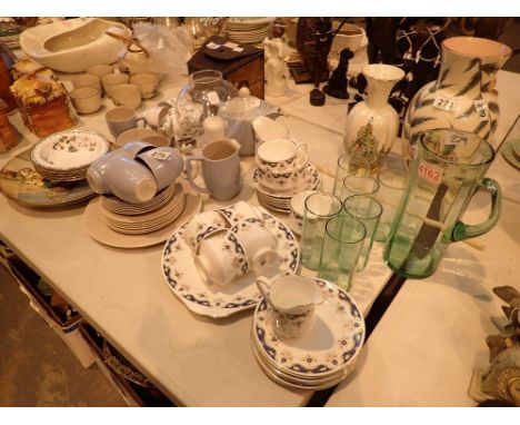 Collection of mixed china tea sets a pair of Royal Doulton Flower Seller plates Nao ducks green glass lemonade set and a Dart