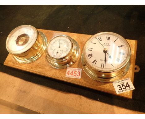 FCC Precision oak mounted clock barometer and thermometer 