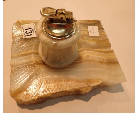 White and brown onyx ashtray and matching table lighter 