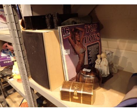 Shelf of mixed items to include Wharfedale speakers jewellery and records etc 