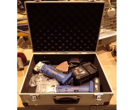 Two Ferrex battery powered multi tools with charger and blades with aluminium carry box  CONDITION REPORT: All electrical ite