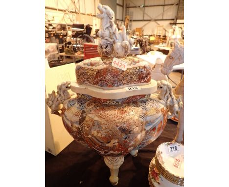 Large antique Oriental twin dragon handled lidded pot with three mask legs and dragon finial H: 60 cm 
