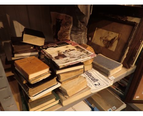 Shelf of vintage books and a bag of sewing patterns and pictures 