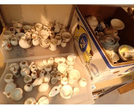 Box of mixed ceramics including Royal Worcester and two trays of crestedware