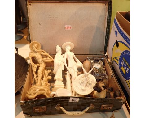Small suitcase containing ceramic and resin figurines a mantel clock etc 