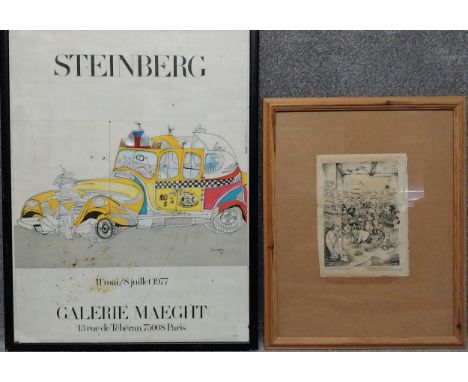 Saul Steinberg, exhibition poster Galerie Maeght 1977, a framed lithograph along with a framed print. H.82 W.63 (largest)