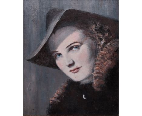 An early 20th century oil painting on board, portrait of a lady in hat and furs. Framed. H.55 W.44cm