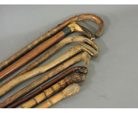 A silver mounted horn handled walking stick, and seven others