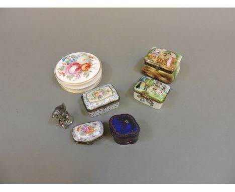 Four painted patch boxes, a porcelain dish and cover, a cloisonné box, and an owl novelty pin cushion