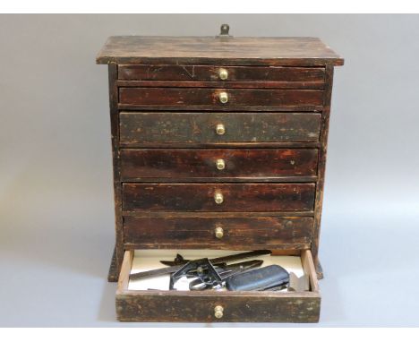 An engineer's wooden tool chest and tools, 48cm high