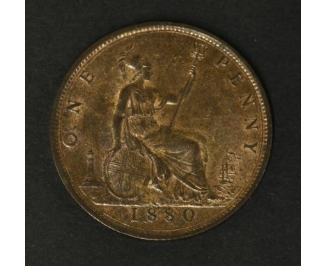 Victoria, penny 1880, three rings on trident, reverse L, die flaw on reverse by O (one), purchased Spink, much Lustre G/EF