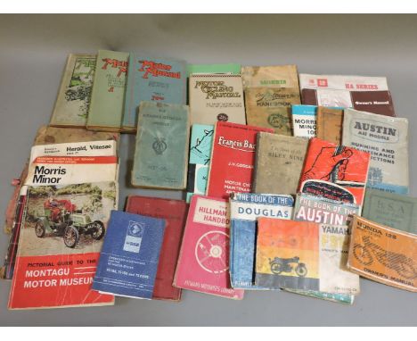 A collection of motor car/bike manuals, 1930-1950, including Austin 7, Riley Nine, Morris Minor, Douglas motor bike, Francis 