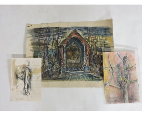 A study of a church, in the style of Graham Sutherland, and two further works