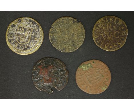 17th century English tokens - London, W R at the Three Mariners, Boss Alley 1653, farthing, F Smith at the Red Cow, Budge Row
