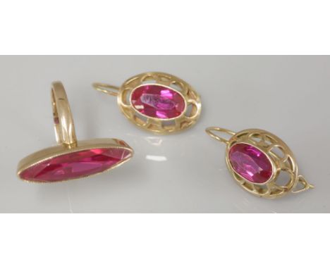 A Russian gold synthetic ruby ring and earrings matched suite, marked for 0.583 standard