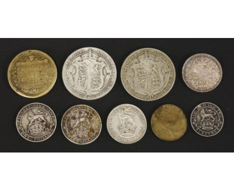 Victoria and later, one shilling 1861, die flaw over F, VF, Edward VII and George V half crowns, three further one shillings,