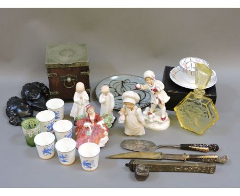 Three Royal Doulton figures, a Royal Worcester figure 'December', a Lennox figure, Persian pen and ink holder, a yellow glass