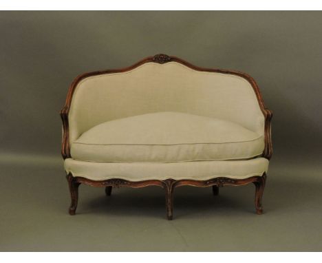 A late 19th century small sofa, in the Louis XVI style, of cartouche form, reupholstered in cream hessian fabric, stamped to 