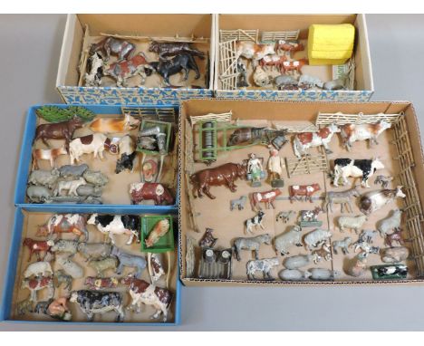 Five boxes of Britain's lead farm animals, including horse roller, two carts, a stand with milk churns, milk maid, etc