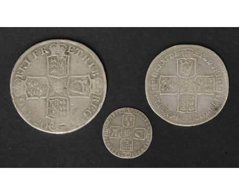 Queen Anne crown, Edinburgh 1707, George II Lima halfcrown 1746, D Nono, and a George II sixpence 1758, F (3)