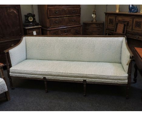 A Regency style sofa in blue swirl fabric on four front fluted supports, 188cm long, 80cm high and 72cm long, Provenance: fro