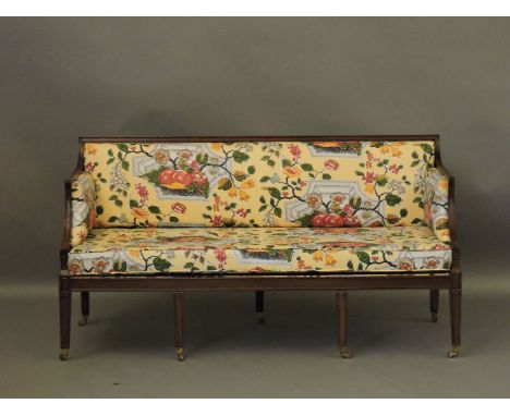 George III Hepplewhite and later sofa, on a groove moulded frame and later reupholstered in a yellow ground fruit pattern gla