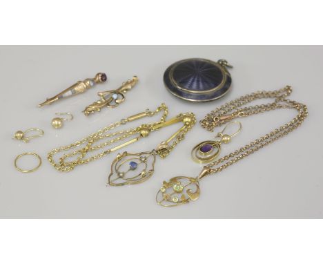 A ladies mauve guilloché enamel circular compact, tested as silver, two Edwardian pendants on chains, two Victorian brooches,
