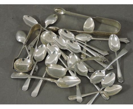Various silver, including teaspoons, silver tongs, two caddy spoons, etc, 10oz