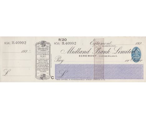 Midland Bank Limited Egremont, Cumberland. Mint Order with C/F BO 11/7/27. Black on White Purple Panel. Printer Blades, East,