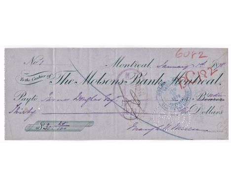 Molsons Bank Montreal, used bearer 1878, green on light blue. Printed: Bishop &amp; Co, Montreal.