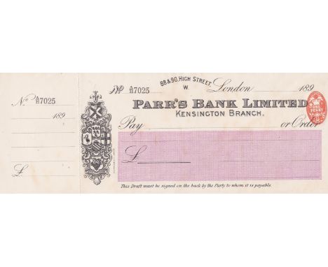 Parr's Bank Limited (Kensington Branch) Mint Order with C/F RO 27/6/98. Black on White Pink Panel. Vig.: Various Arms, Printe