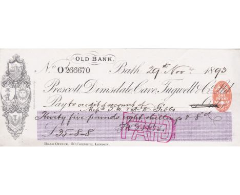 Prescott Dimsdale, Cave, Tugwell &amp; Co Ltd. Old Bank Bath. Used Order RO 15/5/93 Black on White Purple Panel. Vig: Various