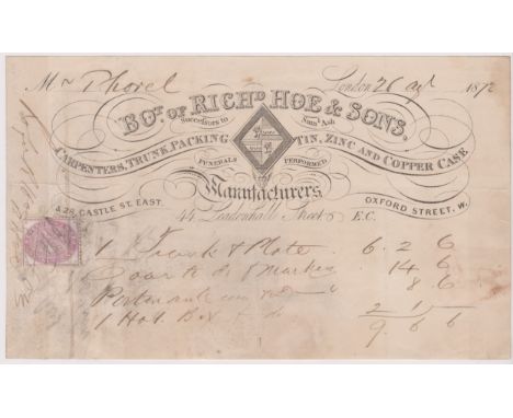 1872 Engraved invoice, Richard Hoe &amp; Sons, Oxford Street, Manufacturers, Carpenters, Trunk, Packing, Tin, Zinc and Copper