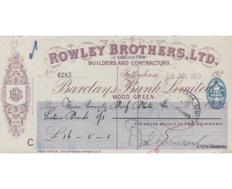 Barclays Bank Limited Tottenham Wood Green. Rowley Brothers Limited, Used Order BO 3/5/28. Brown on White Blue Panel, Printer