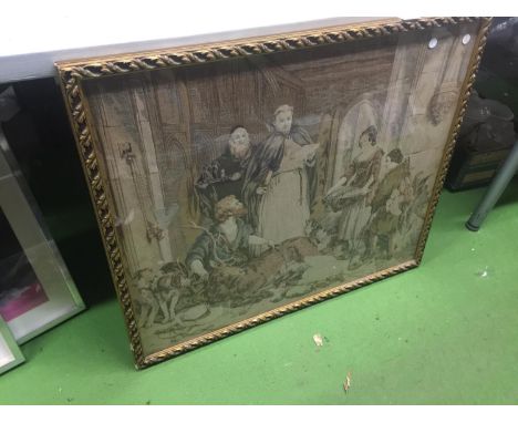 A FRAMED FINE NEEDLE TAPESTRY OF A VICTORIAN SCENE - 83 X 70 CM 