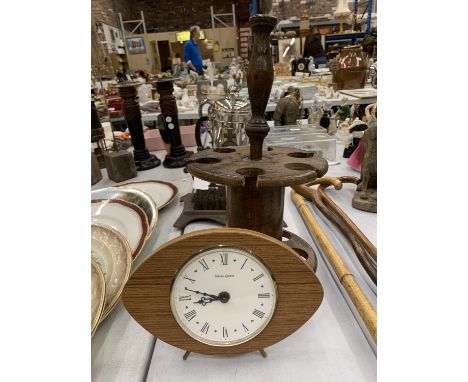 A VINTAGE MAHOGANY RUBBER STAMP STAND HEIGHT APPROX 36CM PLUS A MID CENTURY TEAK MANTLE CLOCK 